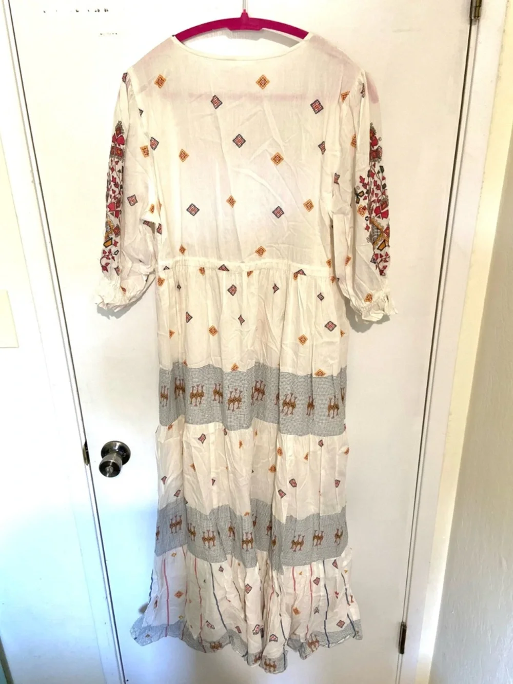 Embroidered Cream Maxi Dress with V-Neck Tassel Tie - Picture 7 of 9